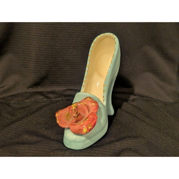 1952 Ceramic Light Blue w Red Rose & Gold High Heel Shoe by Kozaks Yankton SD - Picture 7 of 10